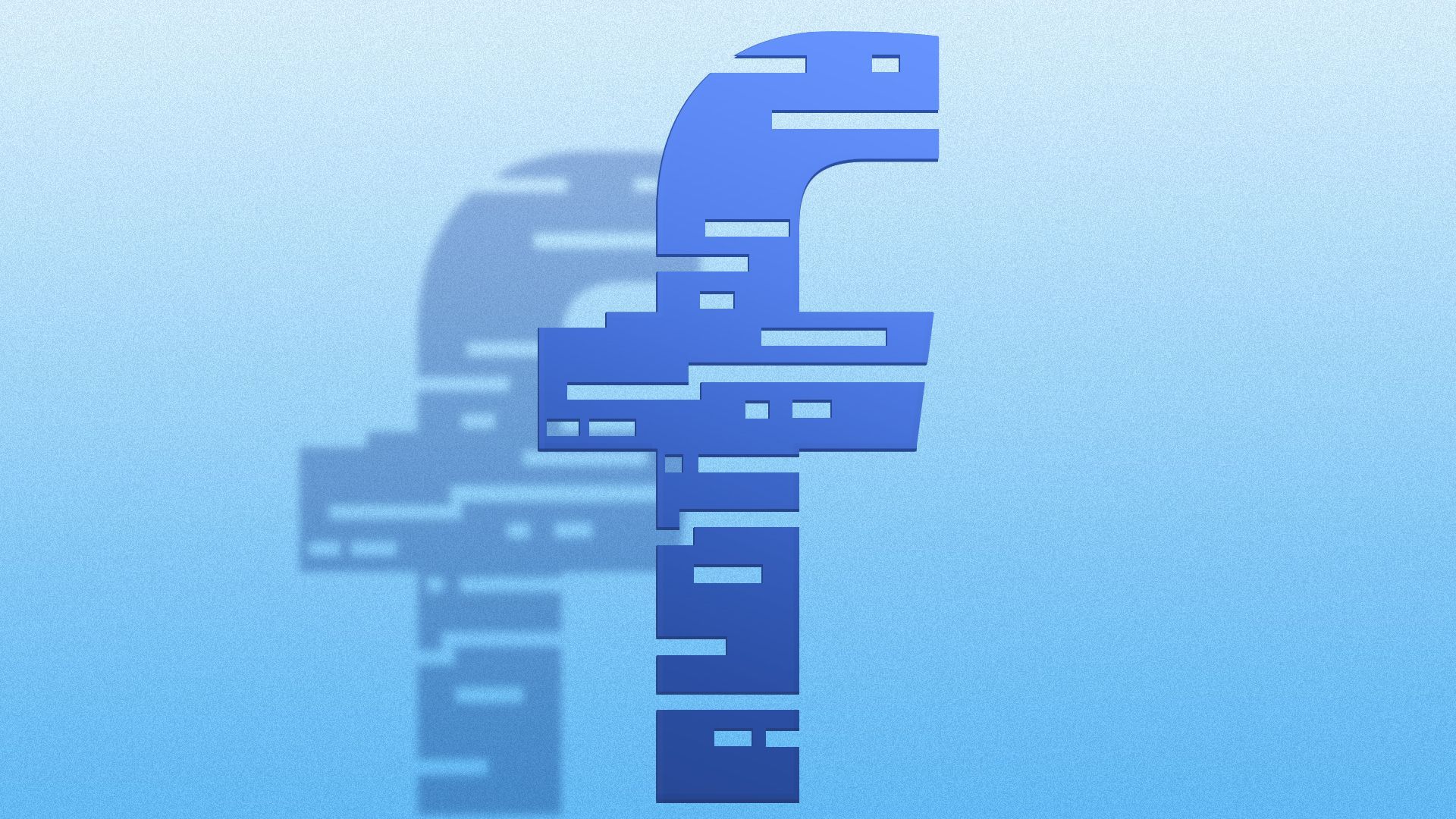 Illustration of the Facebook logo with pieces removed as though they are redacted lines of a document