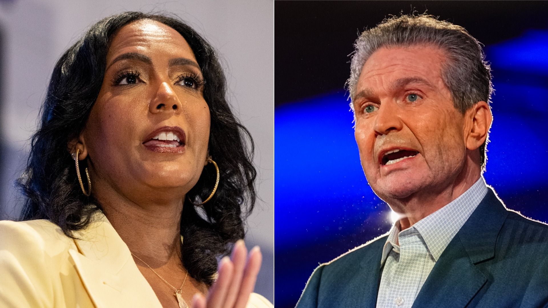 A side by side photo of a Black woman wearing a light yellow jacket and speaking at a public event and a white man wearing a suit and collared shirt and speaking at a public event.