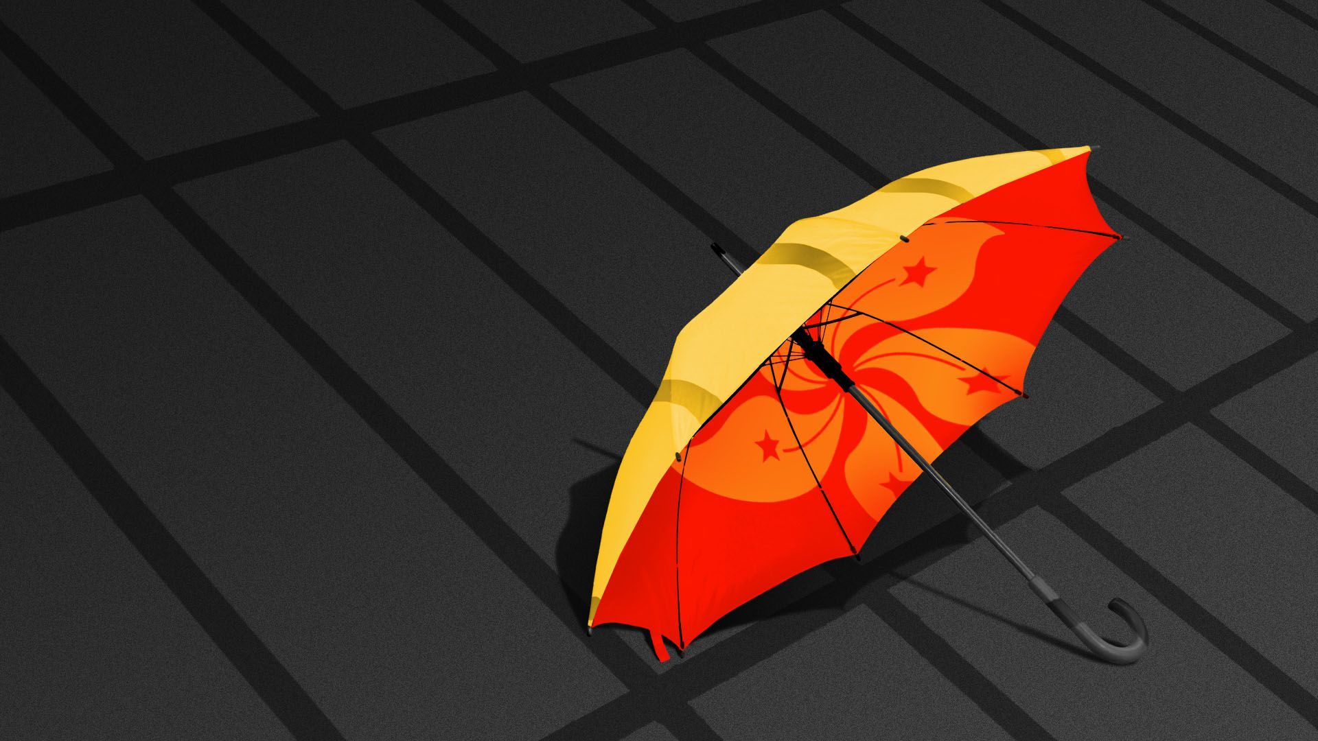 Illustration of jail bar shadows being cast onto a yellow umbrella with the flag of Hong Kong on it 