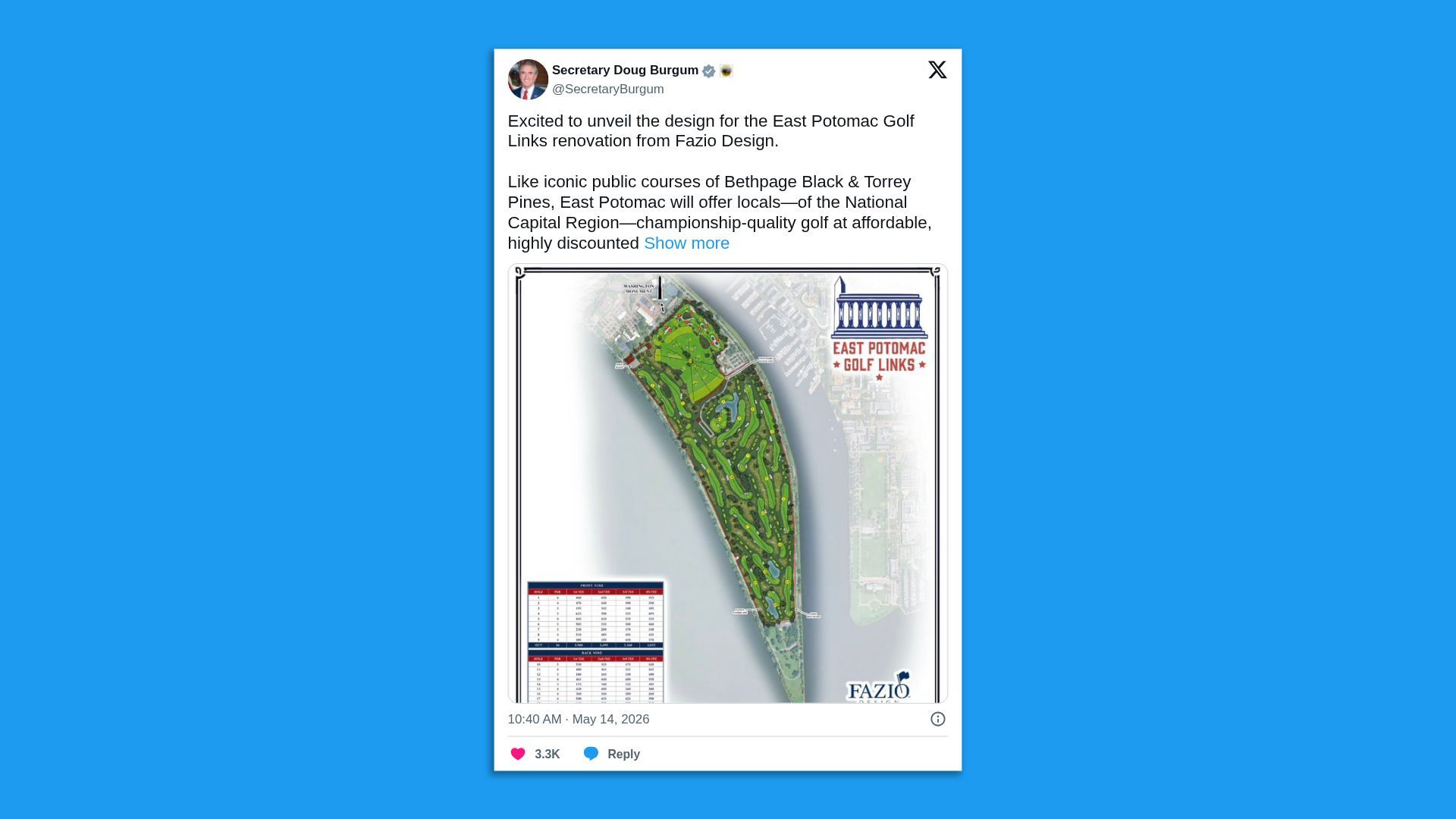 Tweet-style post on a white card over a blue background announcing the East Potomac Golf Links renovation by Fazio Design, featuring a large illustrated golf course map and the East Potomac Golf Links logo.