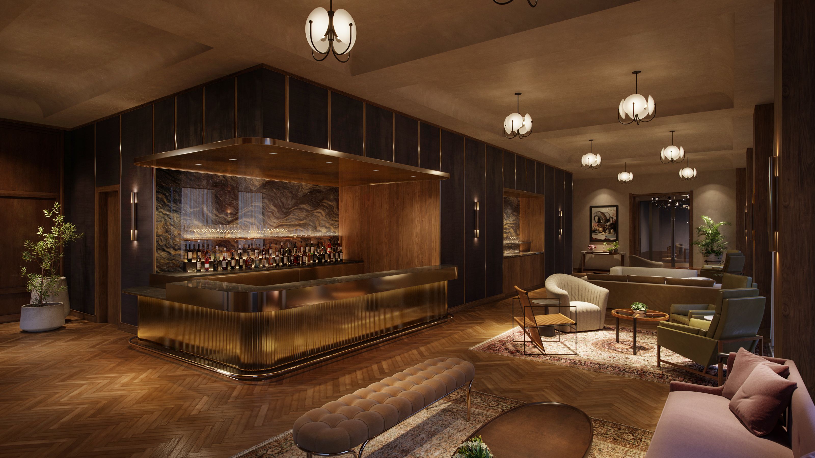 A rendering of a lobby bar with dark lighting