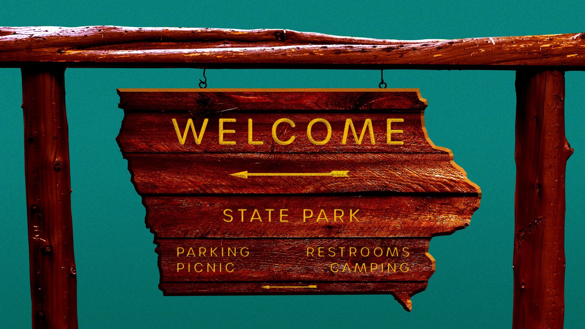 Illustration of a state park sign in the shape of Iowa.