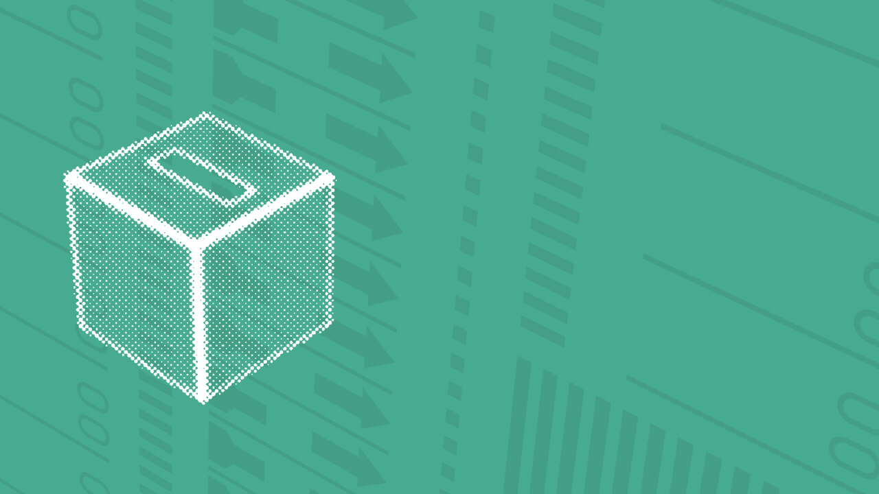 Animated illustration of a ballot dropping into a ballot box over a green background, which rotates to become a checkbox, with a checkmark drawn in front of it.