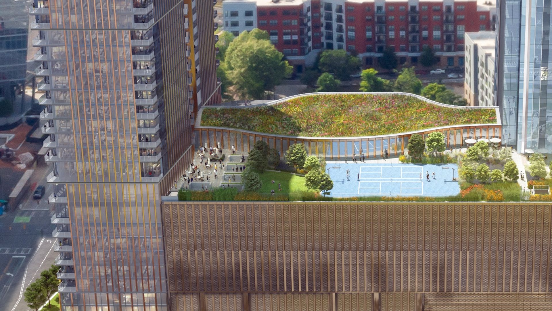 Rendering of an apartment tower with courts on the parking deck roof