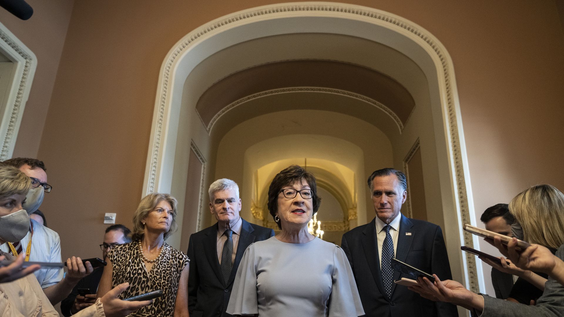 Sen. Susan Collins is seen speaking after bipartisan infrastructure negotiations.