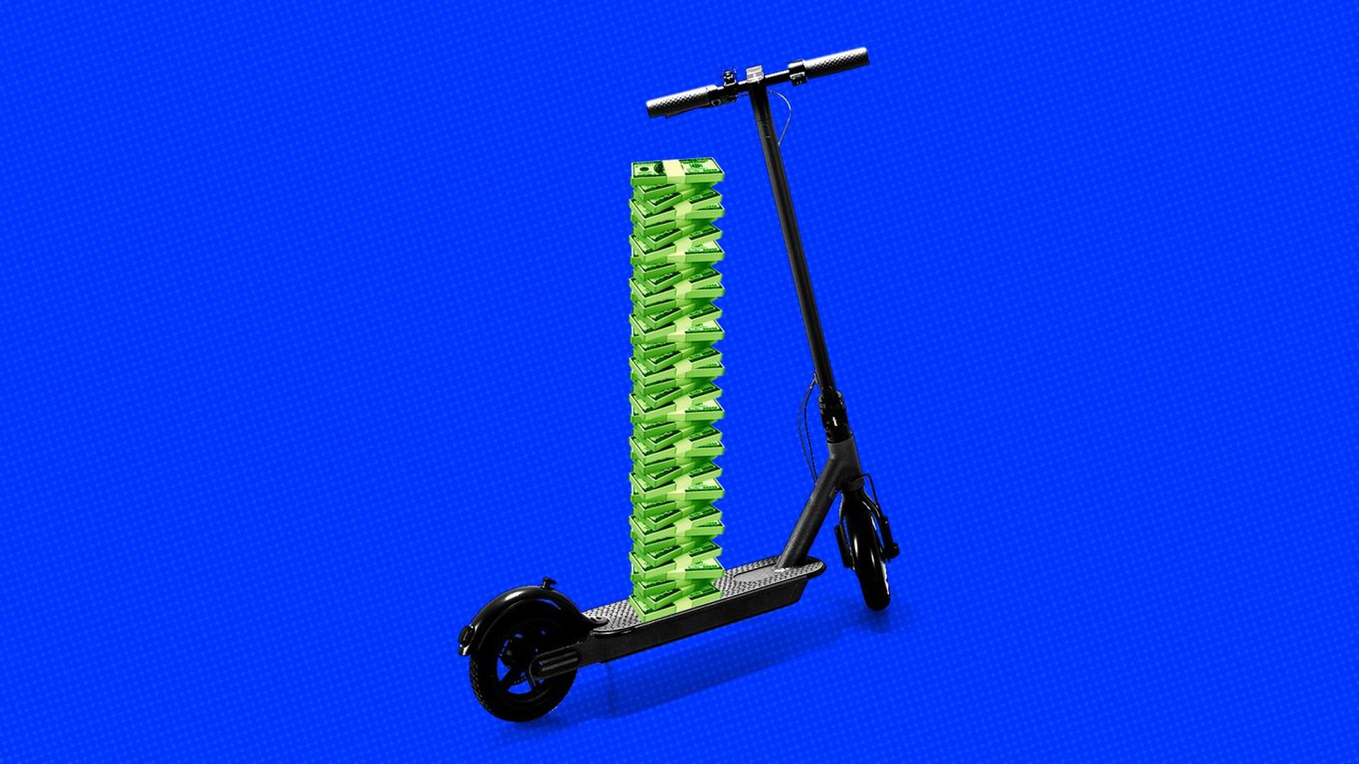 Illustration of a scooter with a tall stack of money on it.