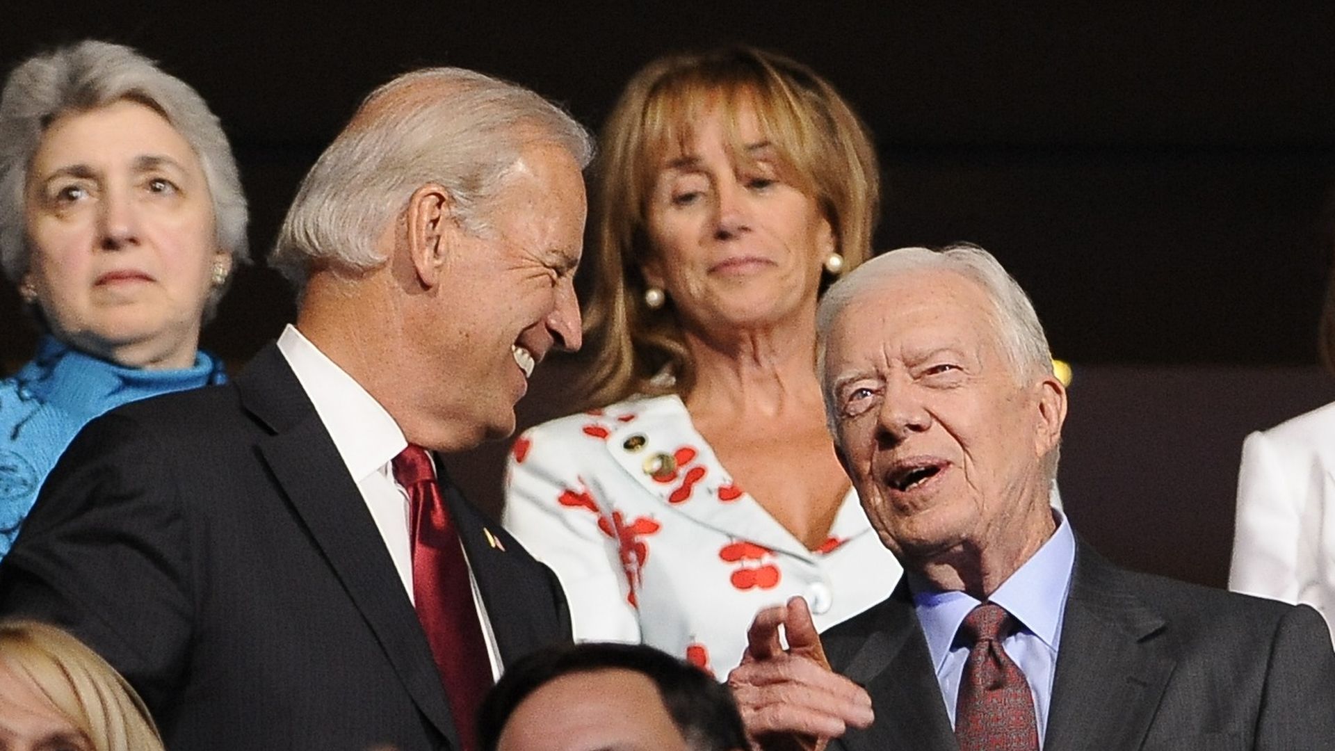 Pictured: (l-r) Michelle Obama, wife of then-Presidential candidate Barack Obama (D-IL), then-Vice Presidential nominee Senator Joe Biden (D-DE), former President Jimmy Carter and Biden's wife Jill Biden in the audience at the Pepsi Center i