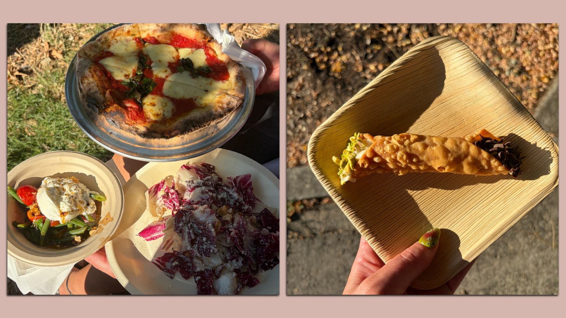 Outdoor meal collage: left shows pizza with melted cheese and red sauce on a metal tray; right shows a long hot dog in a bun on a wooden board.