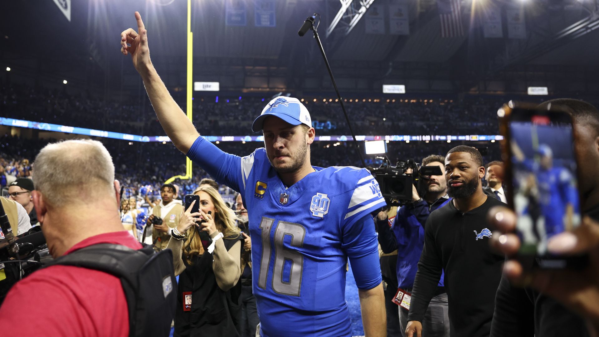 Lions QB Jared Goff celebrates beating the Tampa Bay Buccaneers at Ford Field yesterday. 