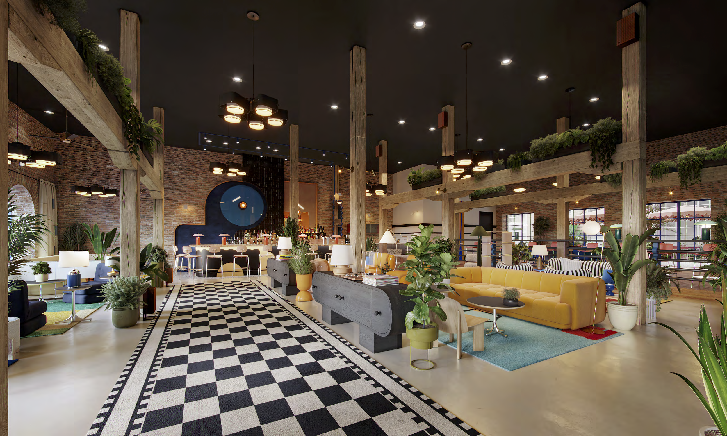 An open concept, modern-designed bar area has couches and pops of color and checkered flooring.