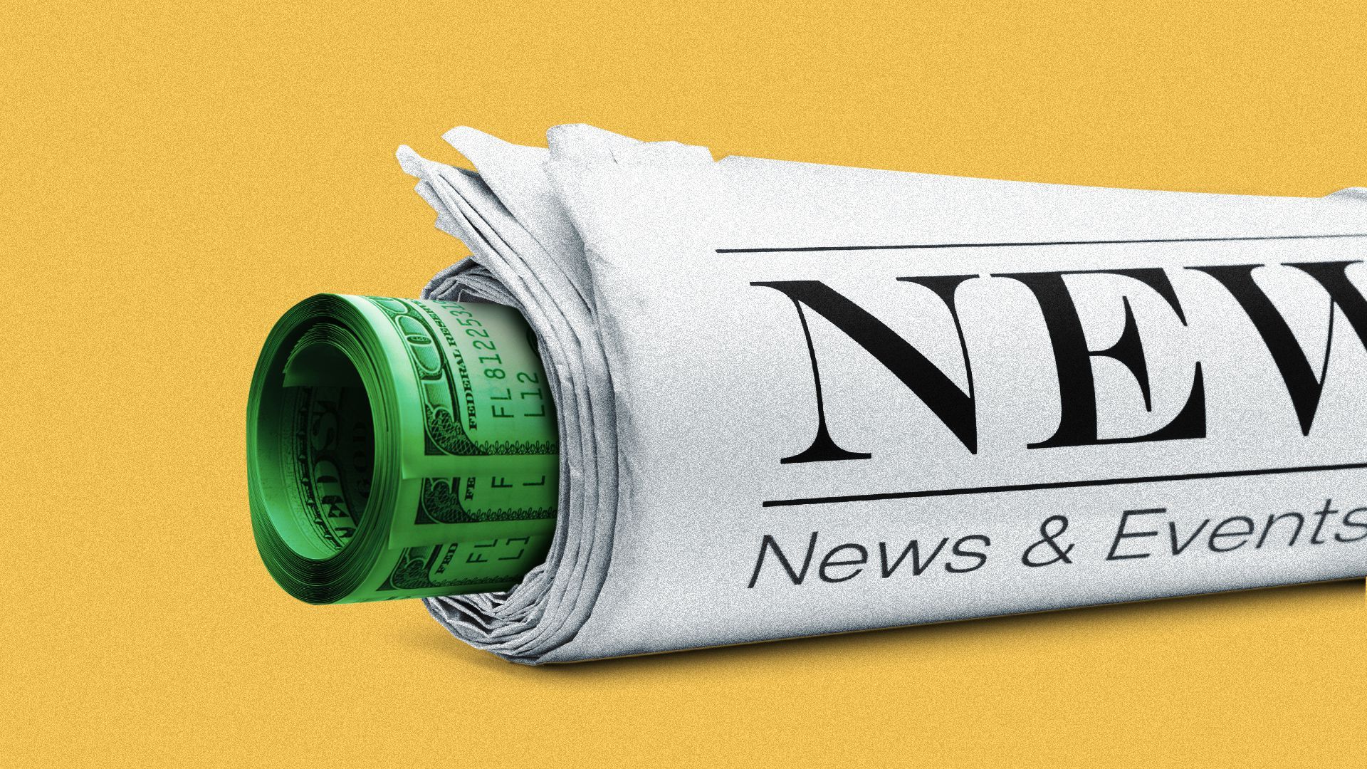 Illustration of a rolled up newspaper with rolled up cash inside. 