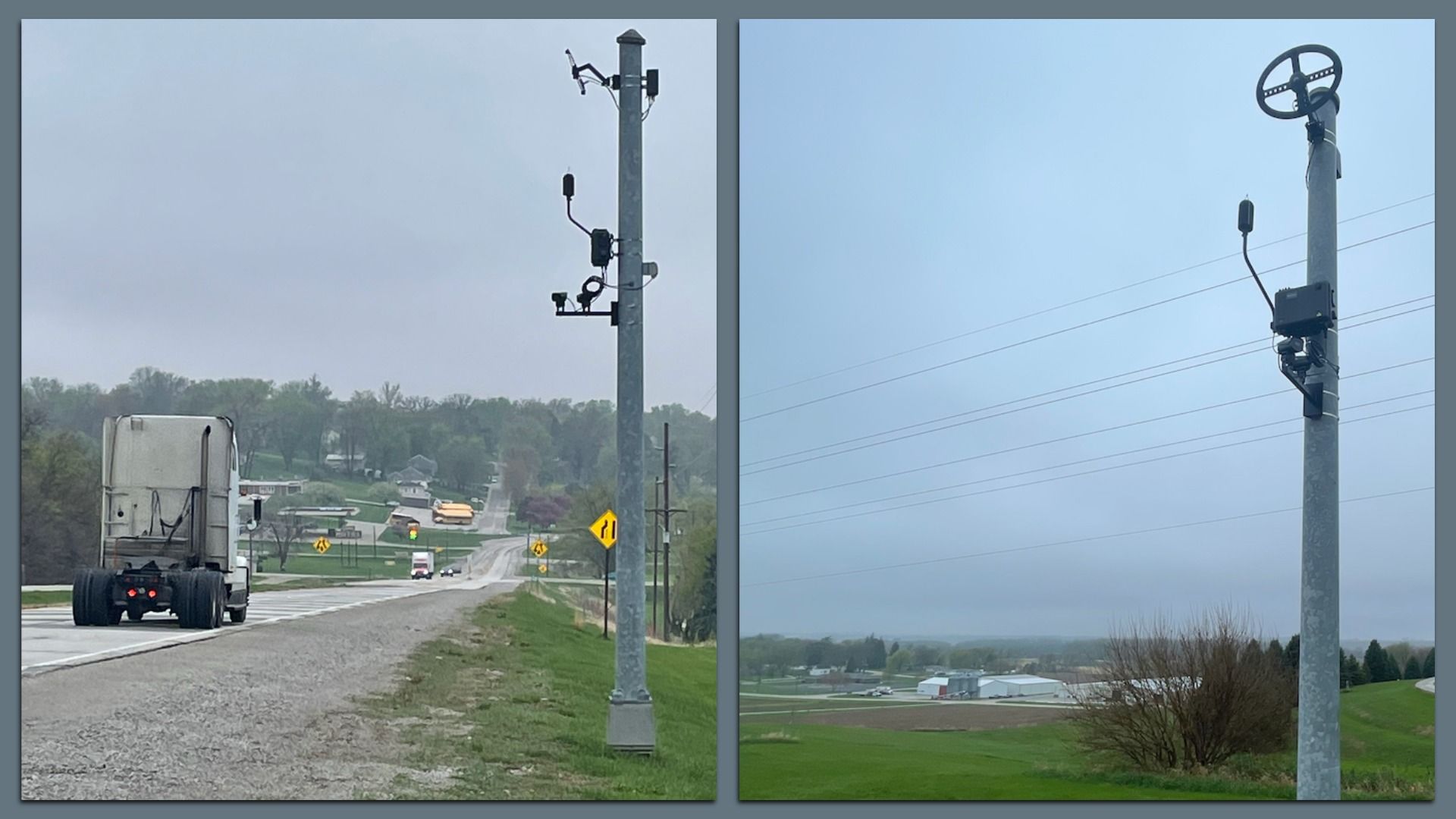Two vertical metal poles fitted with noise cameras and sensors along a rural roadside with overcast skies, light traffic, green grass, and distant trees and buildings.