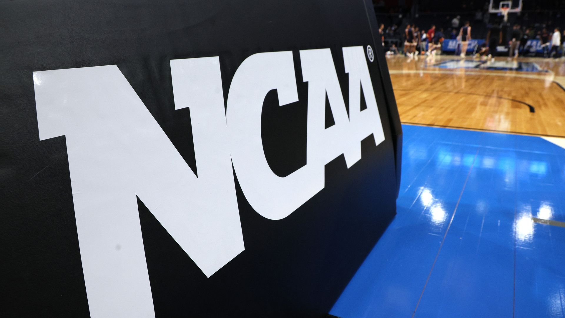  A detailed view of a NCAA logo is seen prior to a First Four game of the NCAA Men's Basketball Tournament at University of Dayton Arena on March 15, 2023 in Dayton, Ohio. (Photo by Andy Lyons/Getty Images)