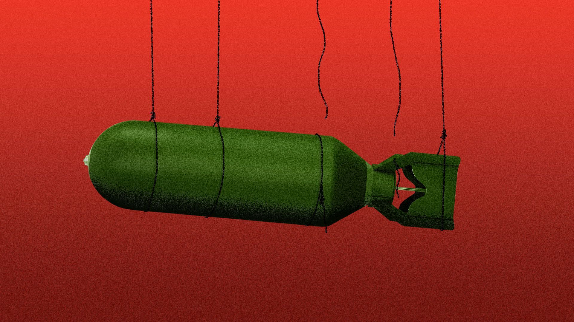 Illustration of a nuclear warhead hanging from strings that are breaking. 