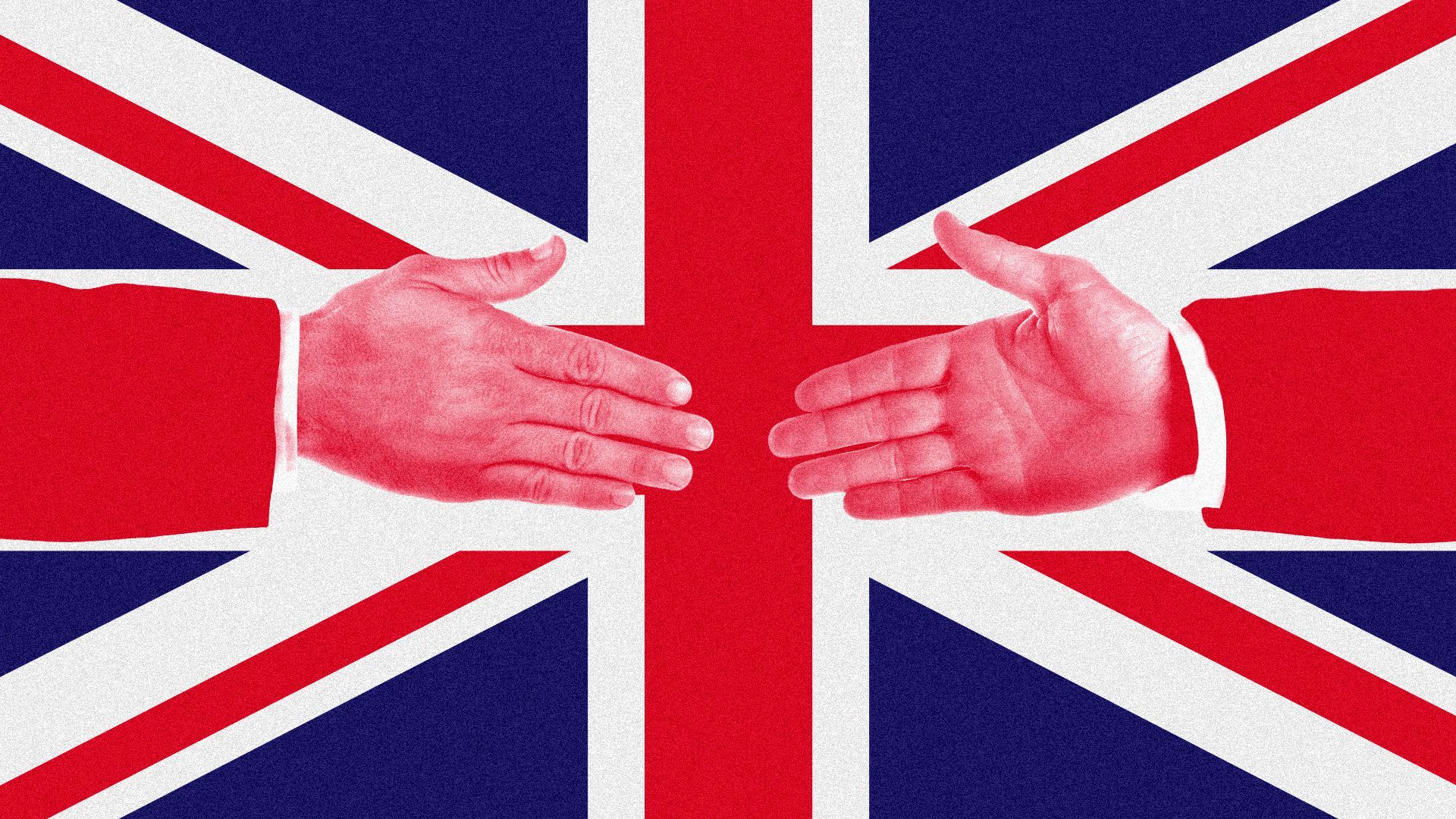 Illustration of a handshake forming part of the Union Jack.