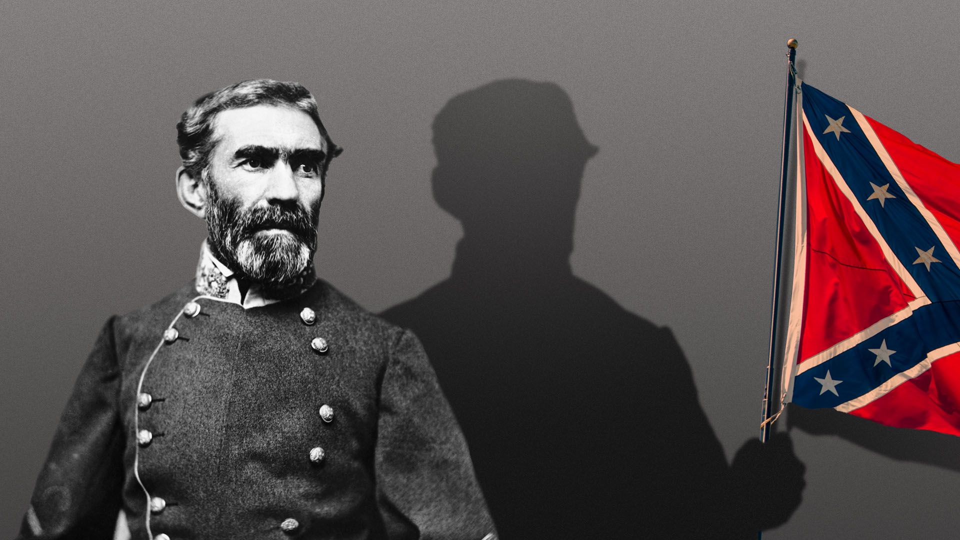 Photo illustration of Confederate General Braxton Bragg casting a shadow holding a Confederate flag.