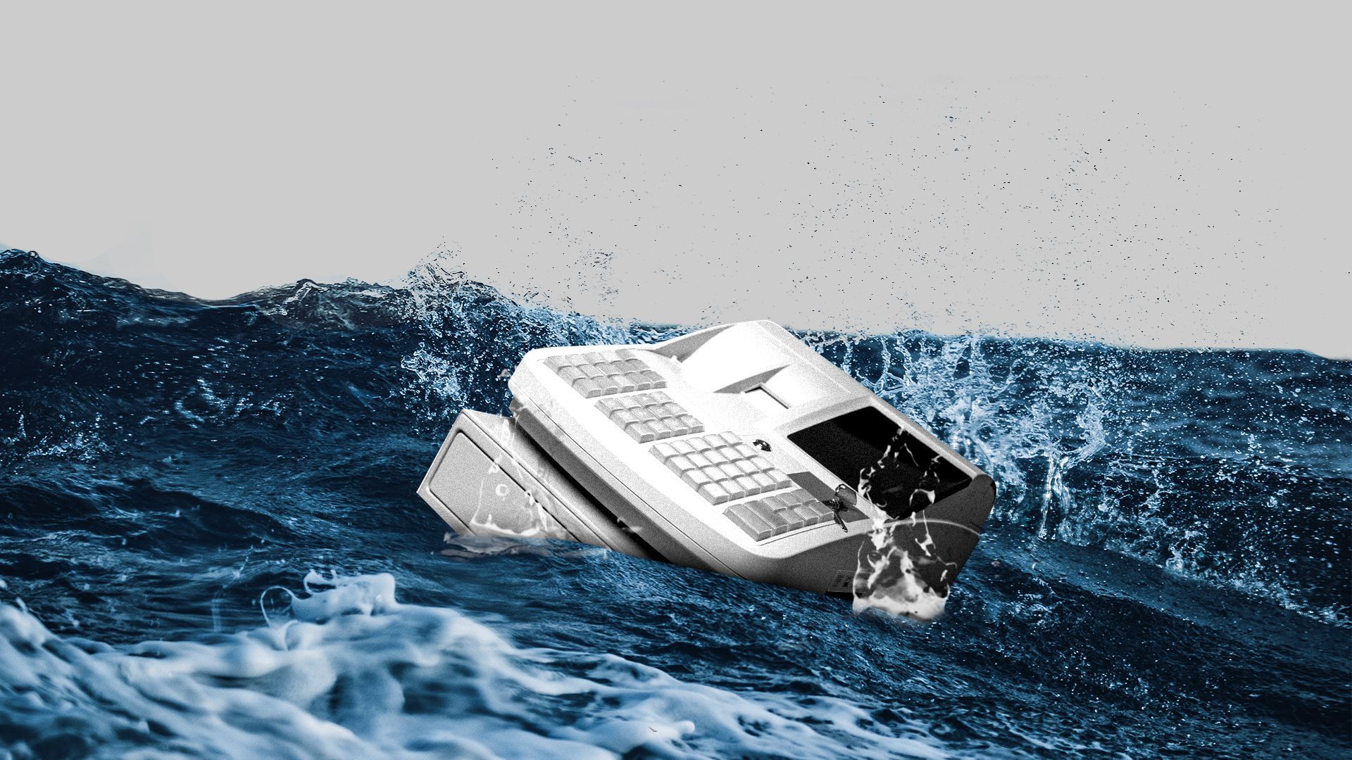 Illustration of a cash register being tossed around in rough waves. 