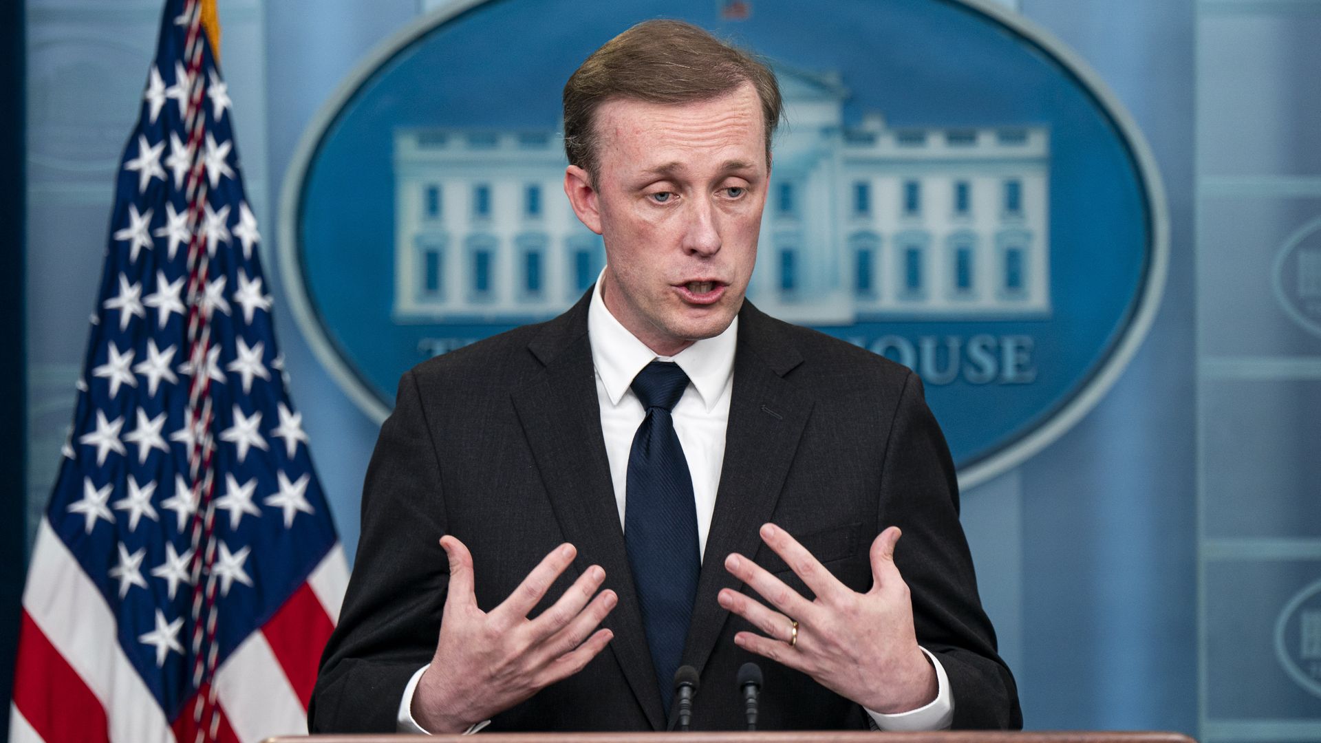 White House national security adviser Jake Sullivan speaks during a news conference earlier this month.