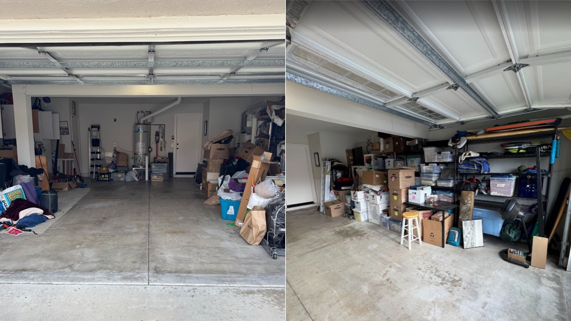 Two side-by-side images of cluttered garages with concrete floors, white walls, and partially open white garage doors, filled with boxes, plastic bins, bags, and household items on shelves and floor.