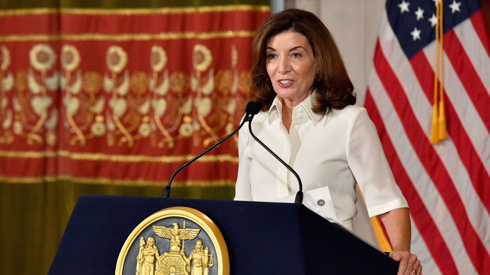 New York Governor Kathy Hochul speaking in Albany on Aug. 24.