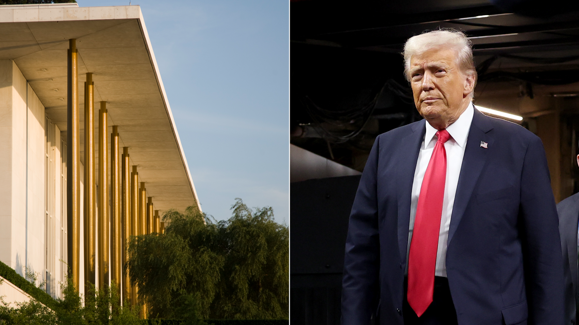 Kennedy Center's exterior in a photo collage next to a picture of Trump