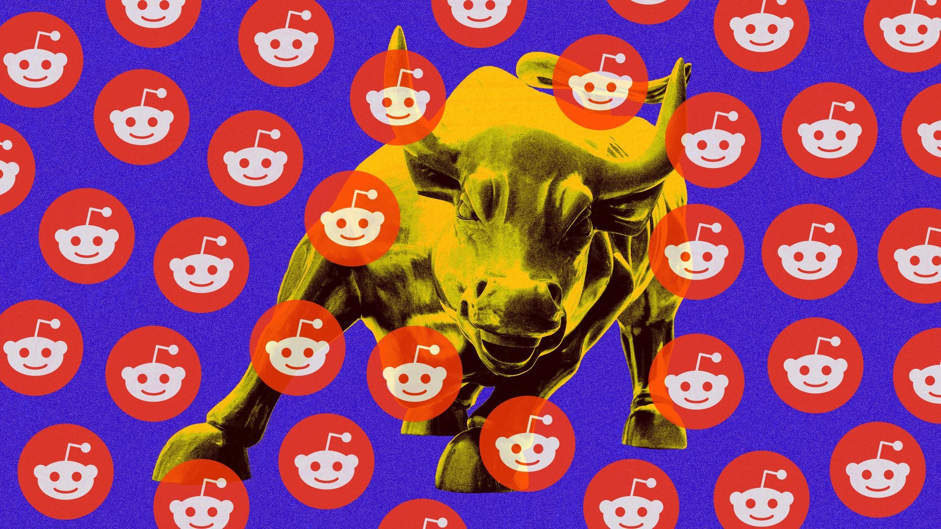 Photo illustration of the Wall Street bull surrounded by Reddit logos.