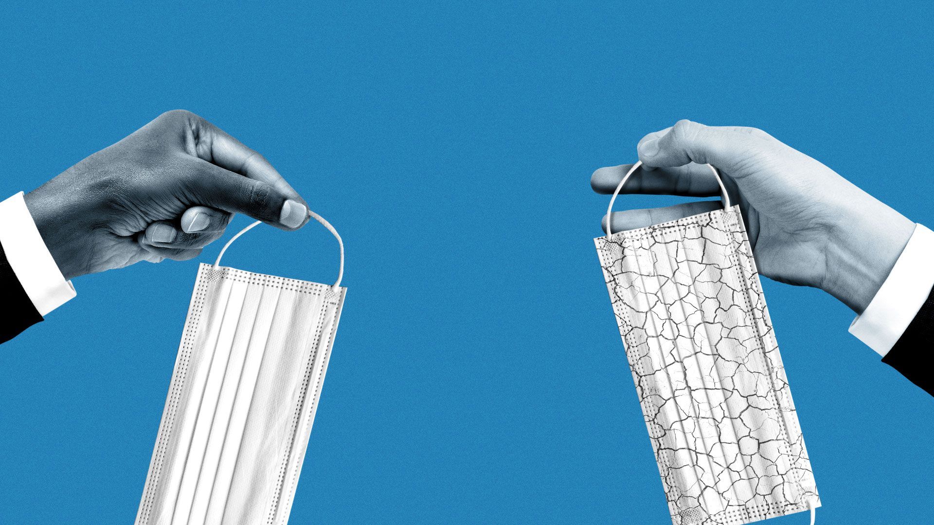 Illustration of two hands, one holding a mask, one holding a cracked masked