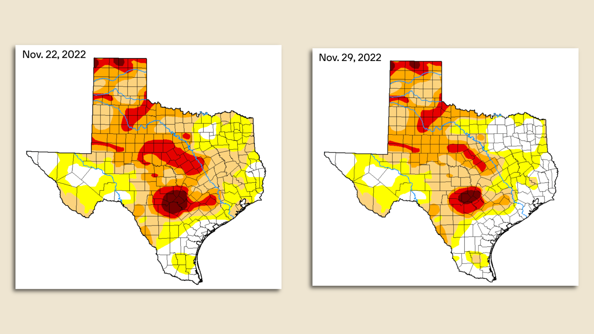 Two maps showing drought conditions improving in Texas 