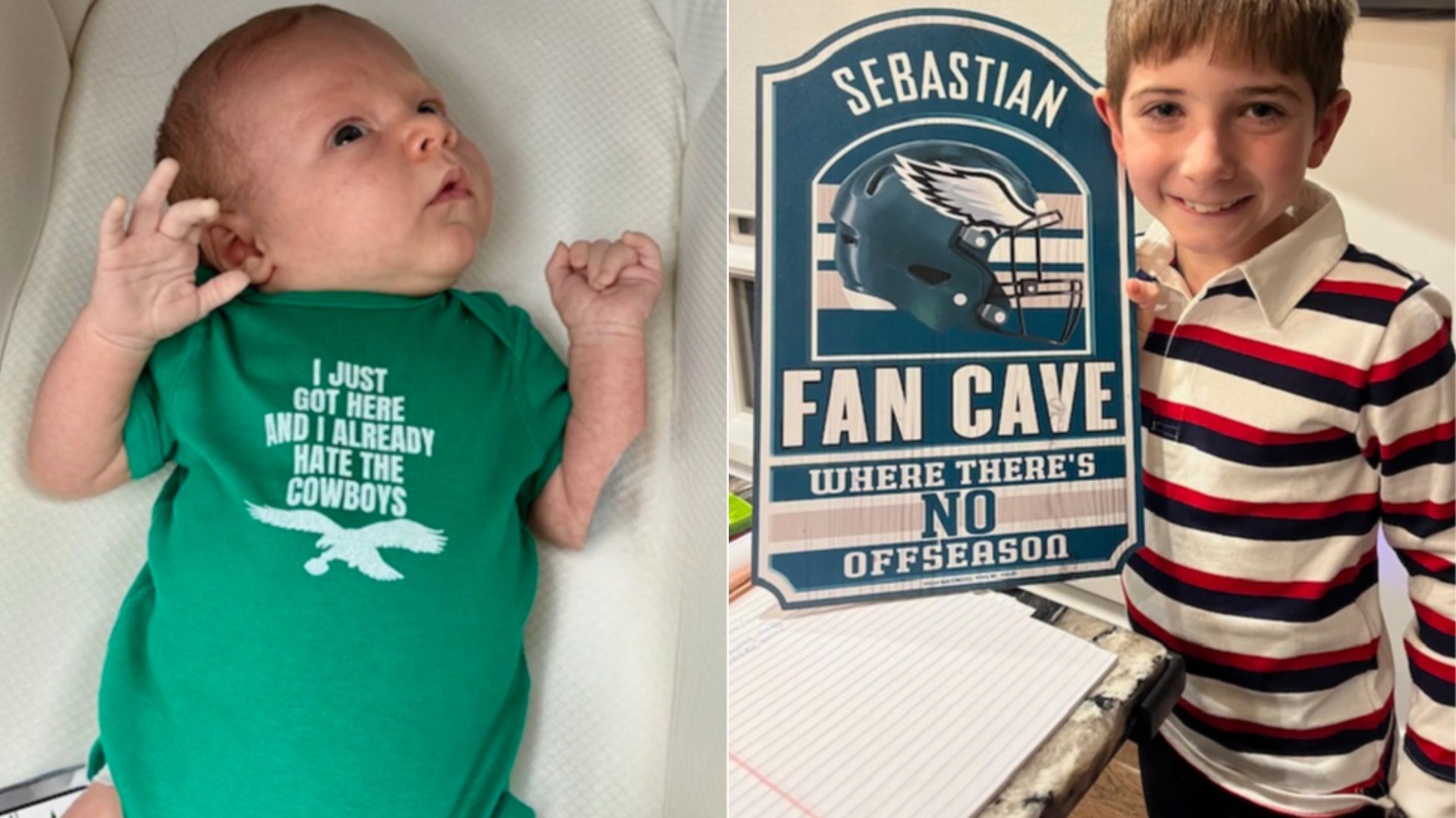 Left to right: A baby in a green onesie with white text saying "I just got here and I already hate the Cowboys" with an Eagles logo; a smiling boy holding a sign "Sebastian Fan Cave, where there's no offseason."