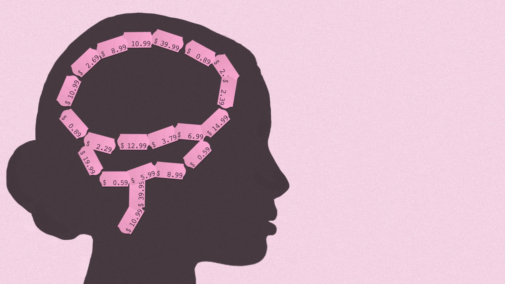 Illustration of a silhouette of head with a brain made out of price stickers.