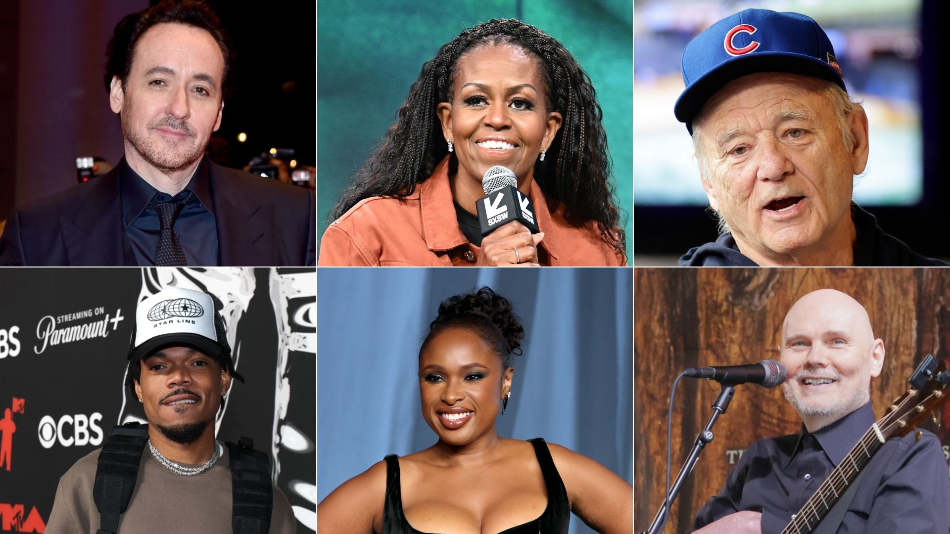 Photo collage of six celebrity faces smiling. 