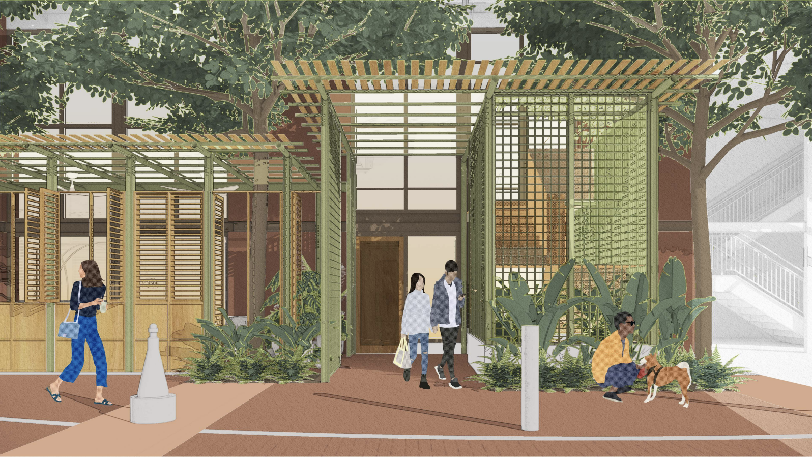 A rendering showing people walking out of a multistory building. 