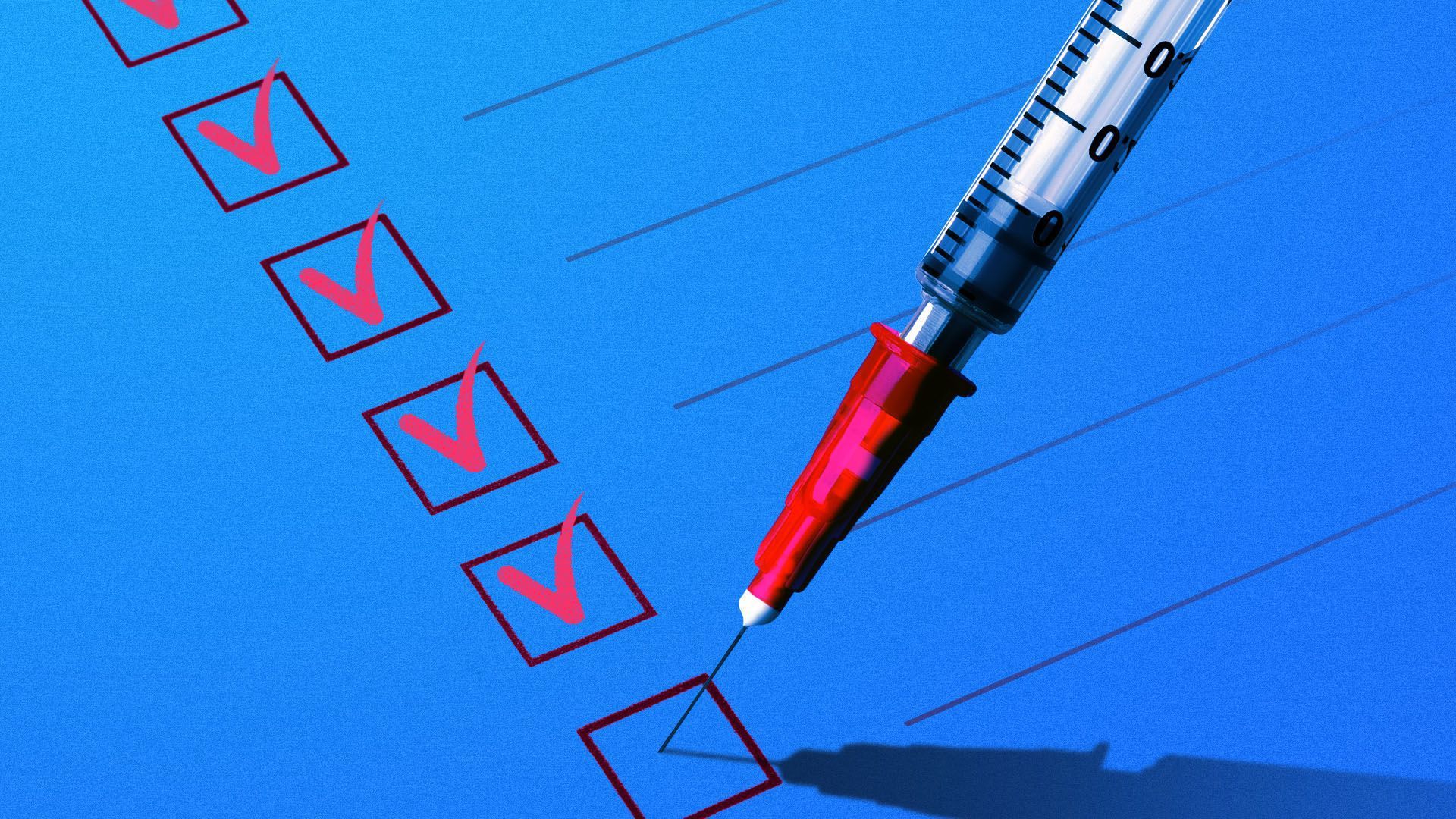 A vaccine vial is used to check off boxes on a checklist.