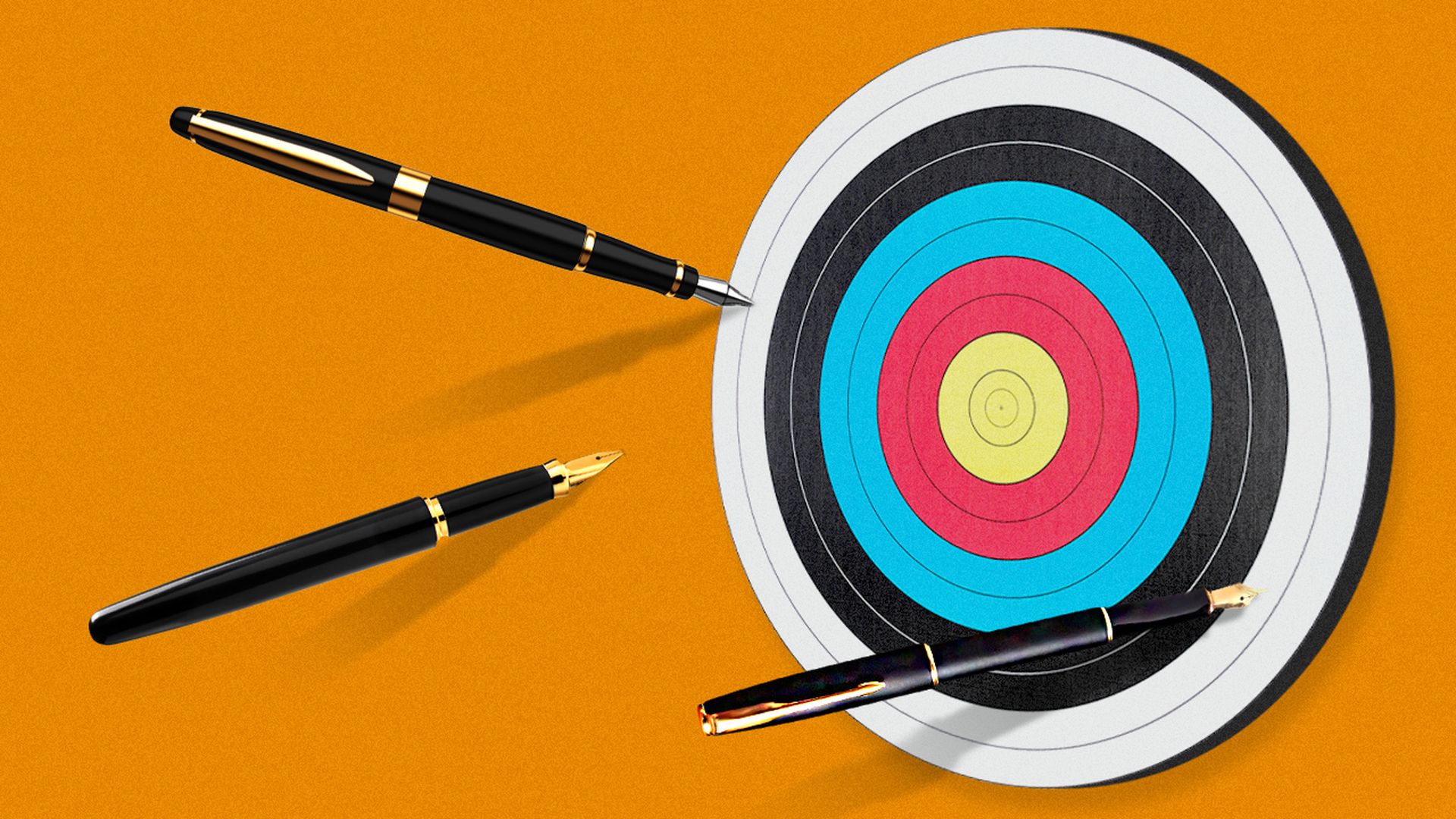 Illustration of a bullseye with pens sticking into it around the edges