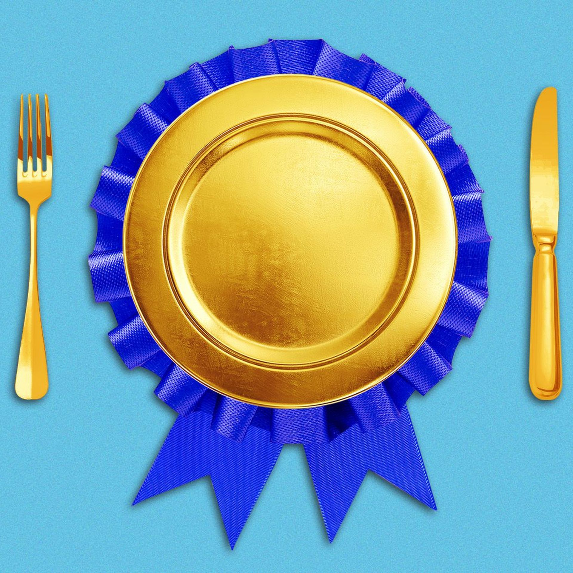 Illustration of a first place ribbon with a gold plate at the center.