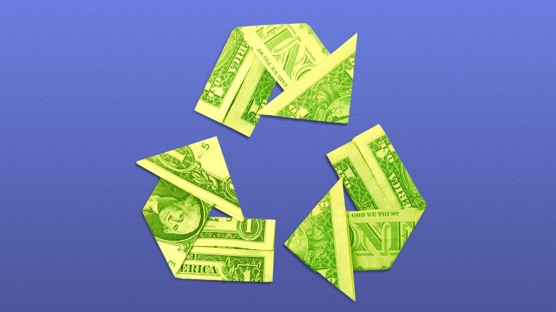 Illustration of the recycle symbol made out of dollar bills