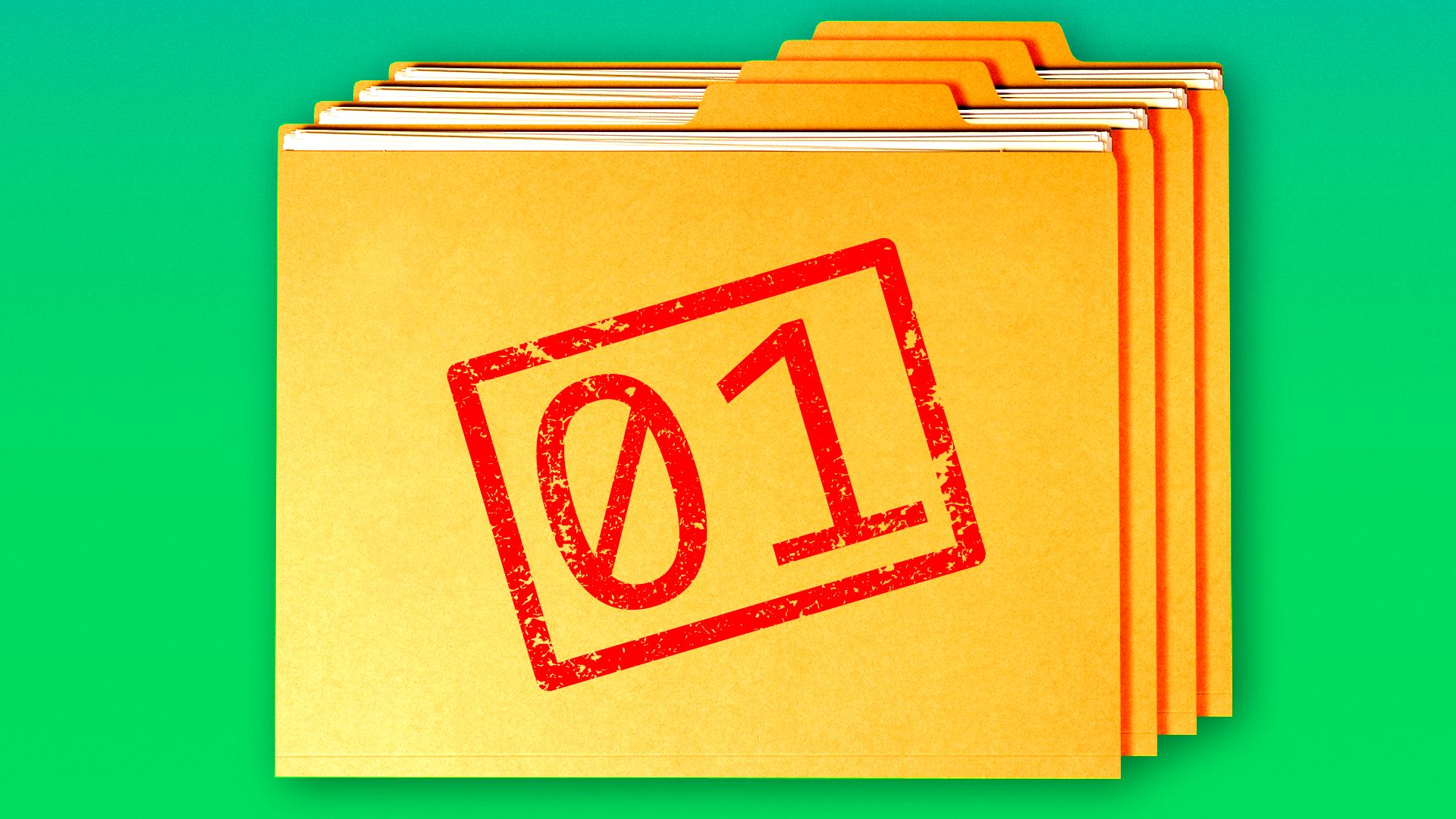 Illustration of a stack of manila folders with a binary code stamp on the front