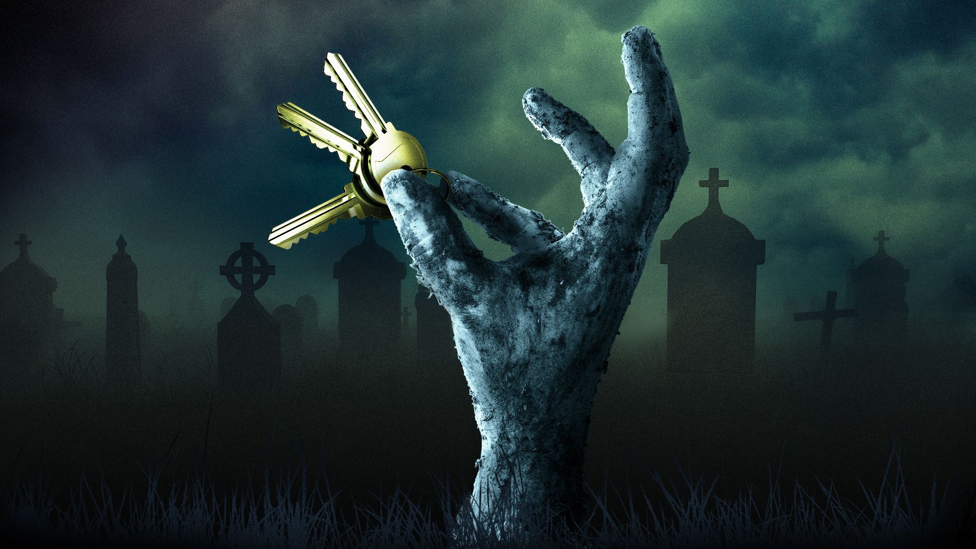 Illustration of a zombie's hand emerging from a grave, clutching keys.