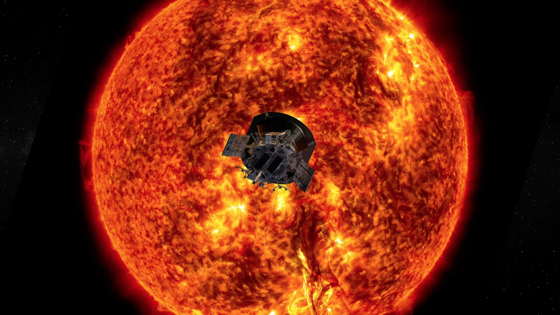 Illustration of the Parker Solar Probe in front of the Sun