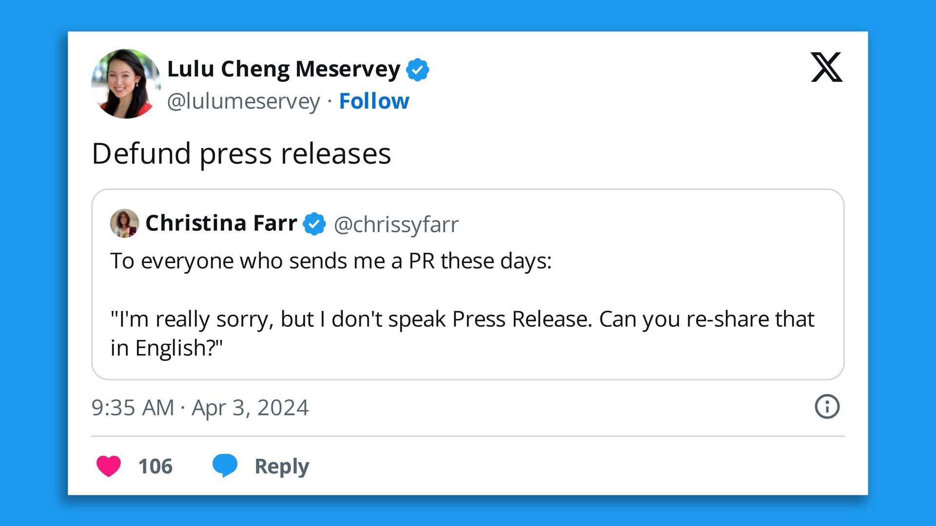 Screen shot of a tweet from Lulu Cheng Meservey calling for the defund of press releases.
