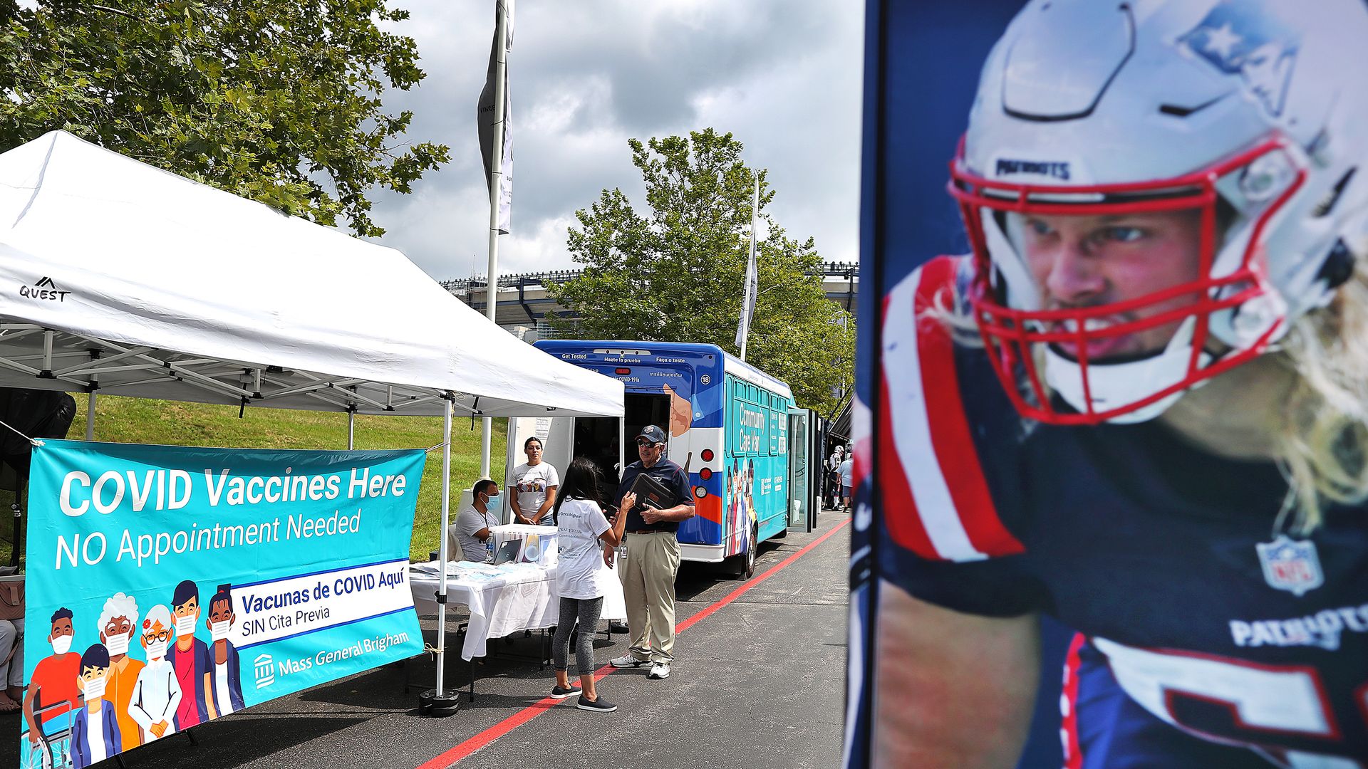  Mass General Brigham set up a mobile COVID vaccination site at the Patriots training camp outside Gillette Stadium on July 29