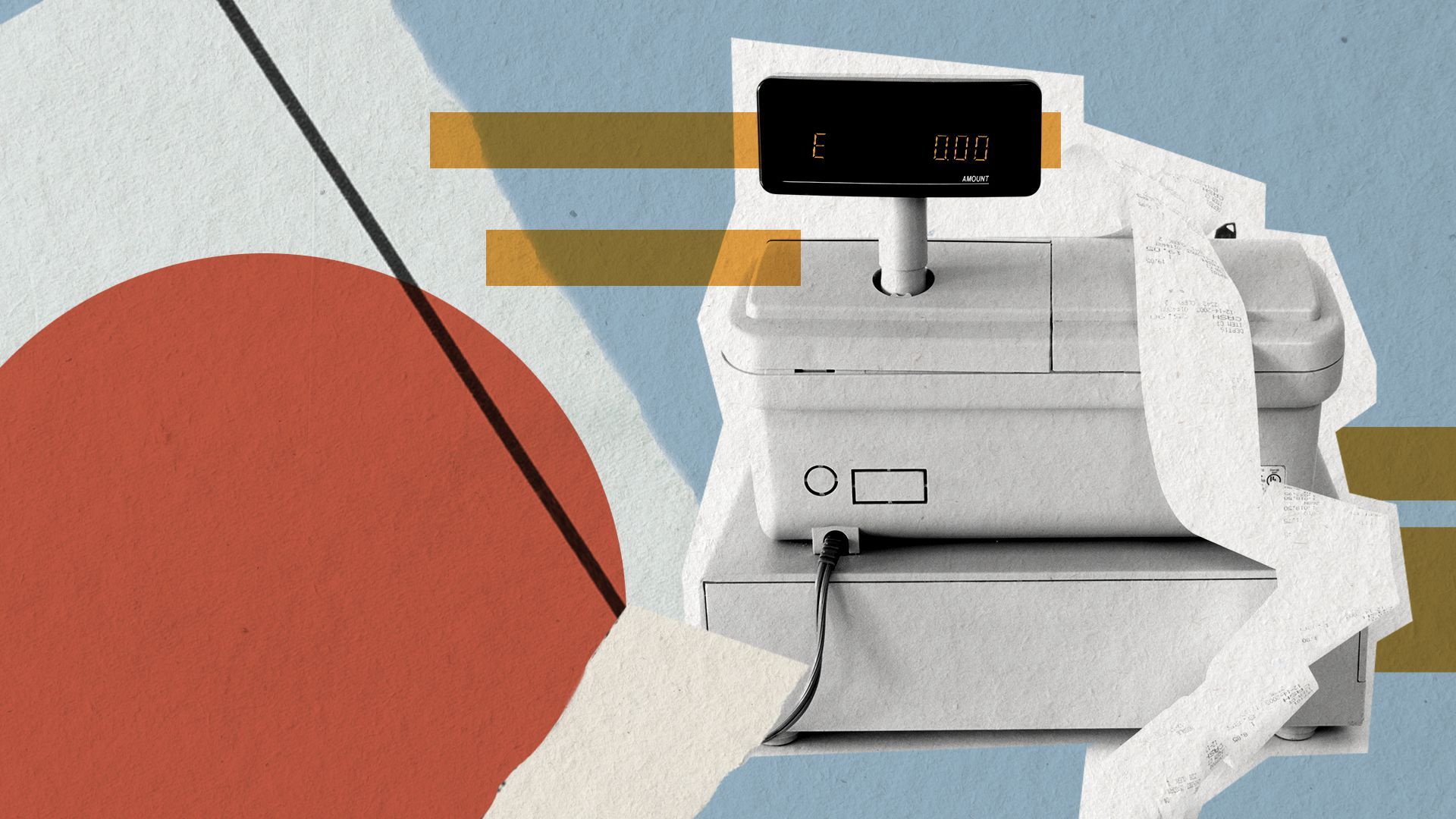 Illustration collage of a cash register among torn papers and colorful shapes 