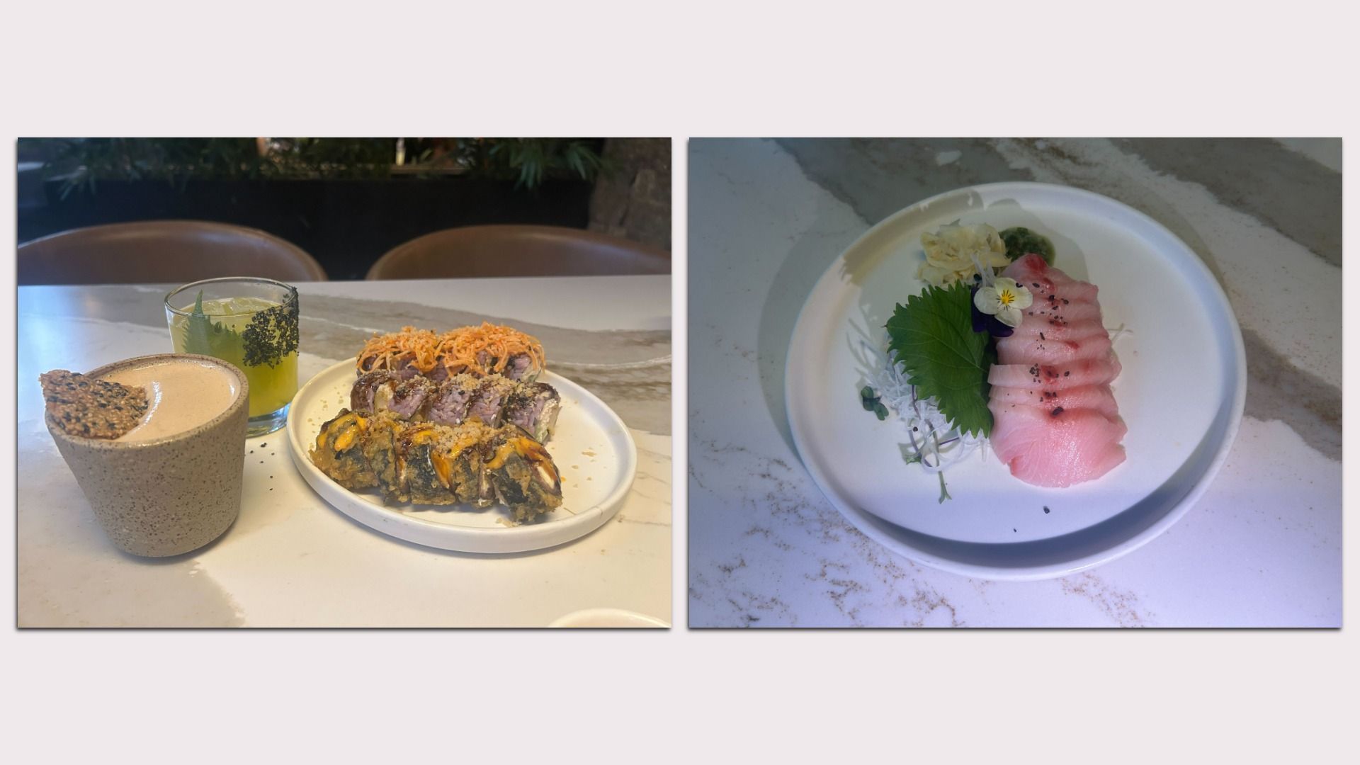 Two sushi plates next to each other. 