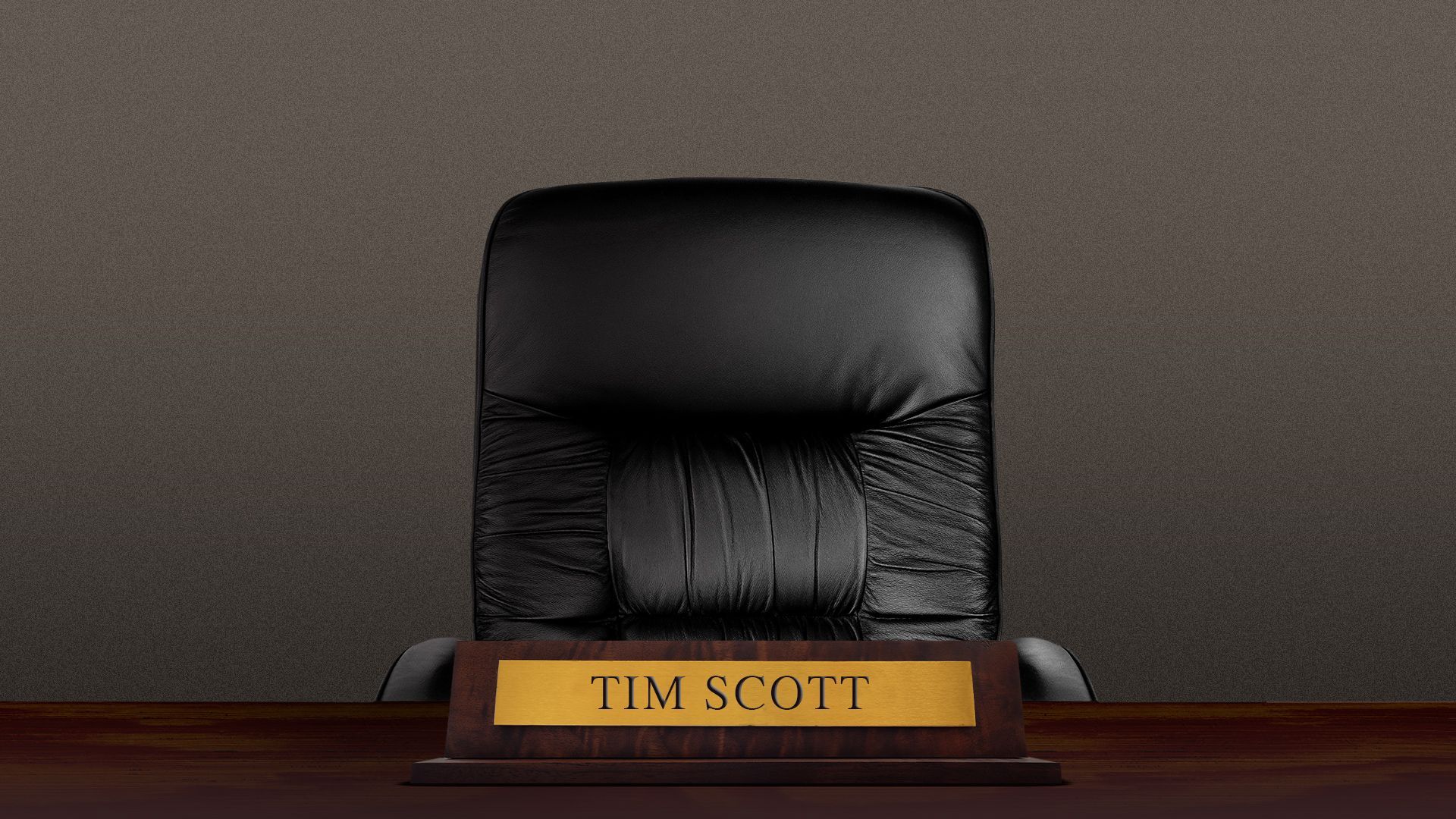 Illustration of an empty chair at a desk in front of a name card that reads "Tim Scott."