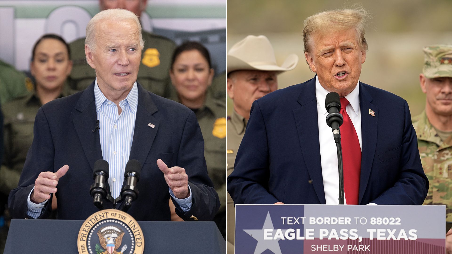Biden and Trump split screen