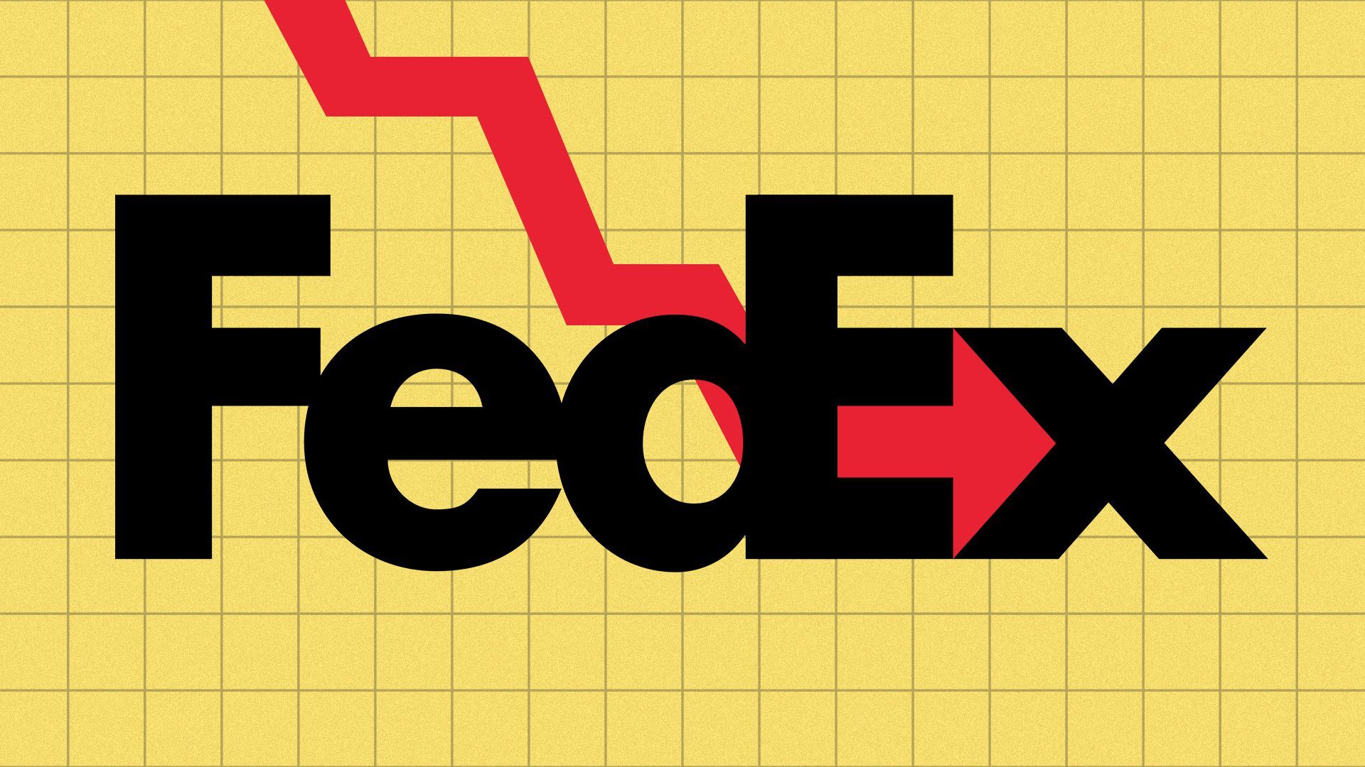 Illustration of the FedEx logo with a downward arrow as the arrow in the logo. 