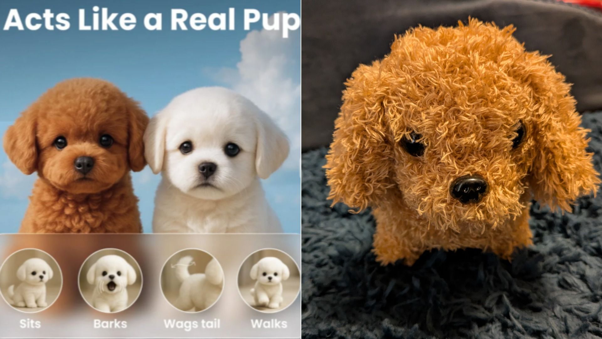 Side-by-side images: left shows two realistic toy puppies, one brown and one white, with text about sitting, barking, wagging tail, walking; right shows a close-up of a curly brown toy dog.