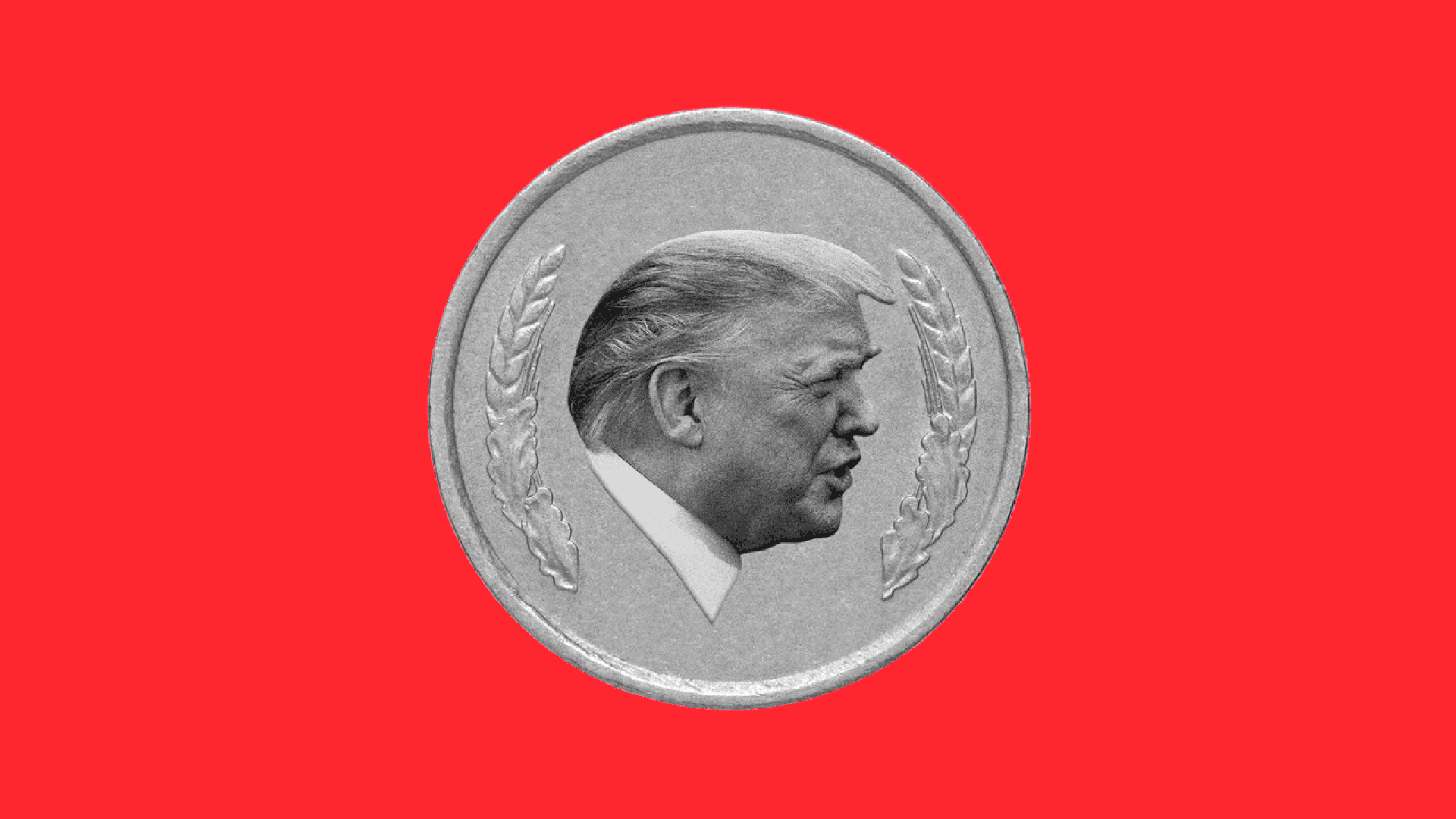 Animated illustration of a spinning coin with President Trump's profile on one side and John Bolton's on the other.