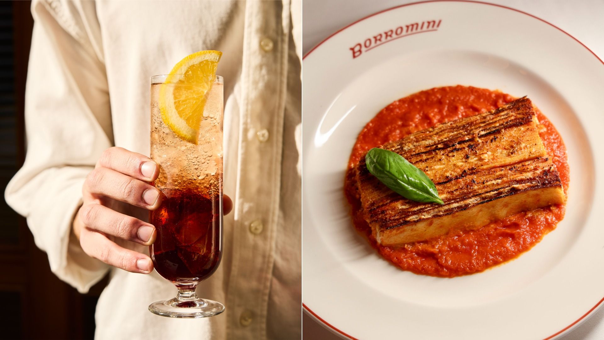 Split image: left shows a hand holding a tall glass with a dark red soda, ice, bubbles, and a lemon wedge; right shows grilled tofu on red sauce with a basil leaf on a white plate labeled "BORROMINI".