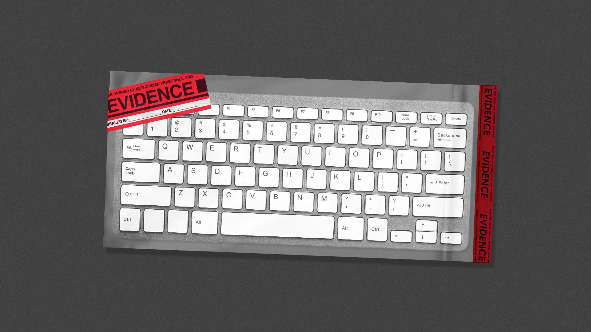 Illustration of keyboard in an evidence bag.